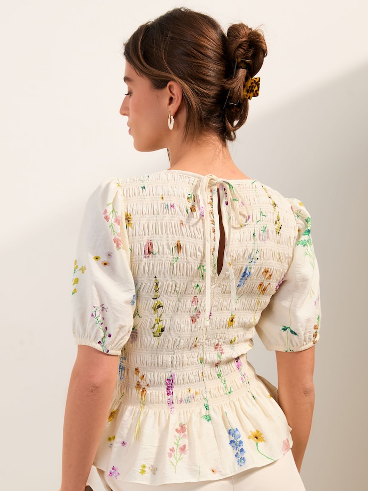 Friends Like These Cream Floral Print Short Sleeve Smocked Top - Image 4 of 4