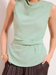 Friends Like These Sage Green Sleeveless Linen Blend Twist Front Blouse - Image 2 of 4