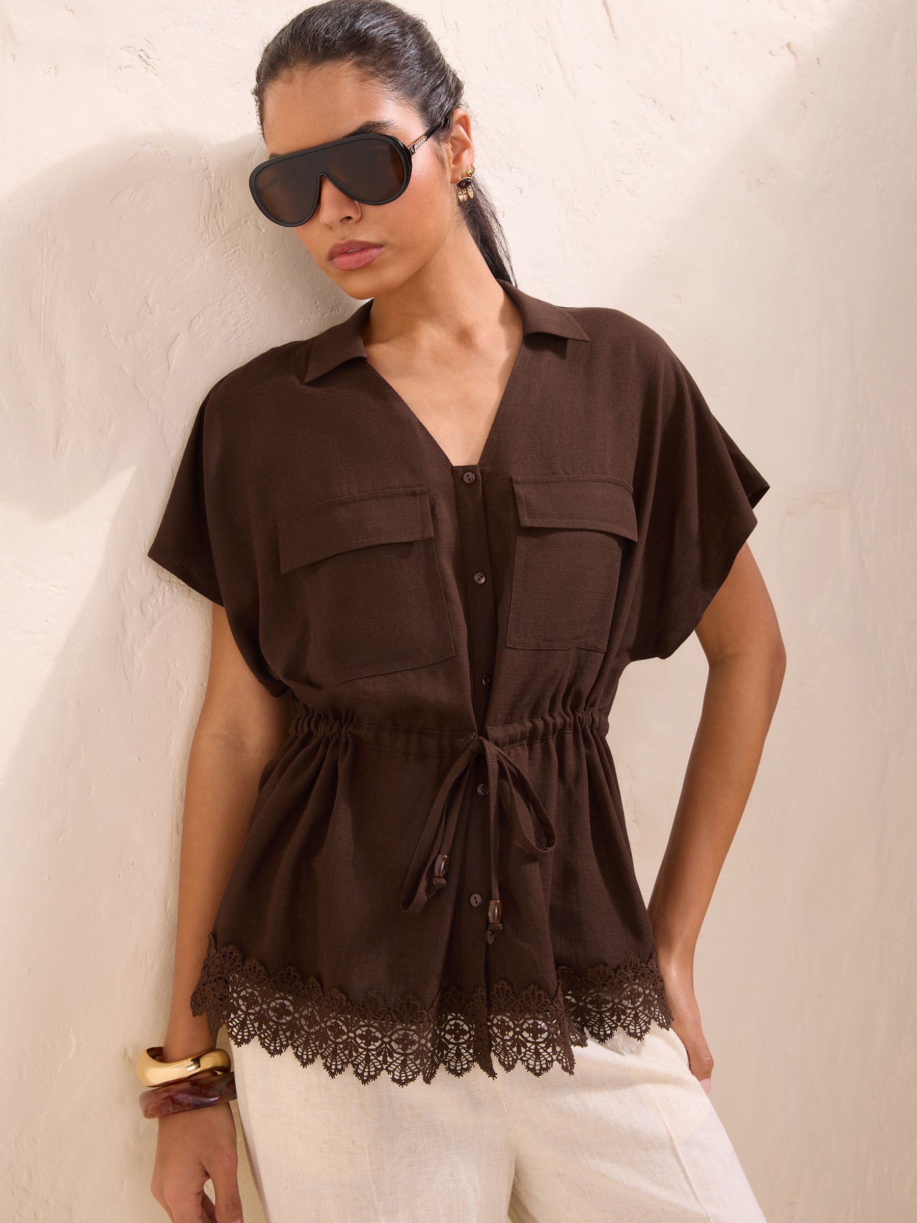Buy Friends Like These Brown Lace Trim Linen Blend Shirt from Next USA