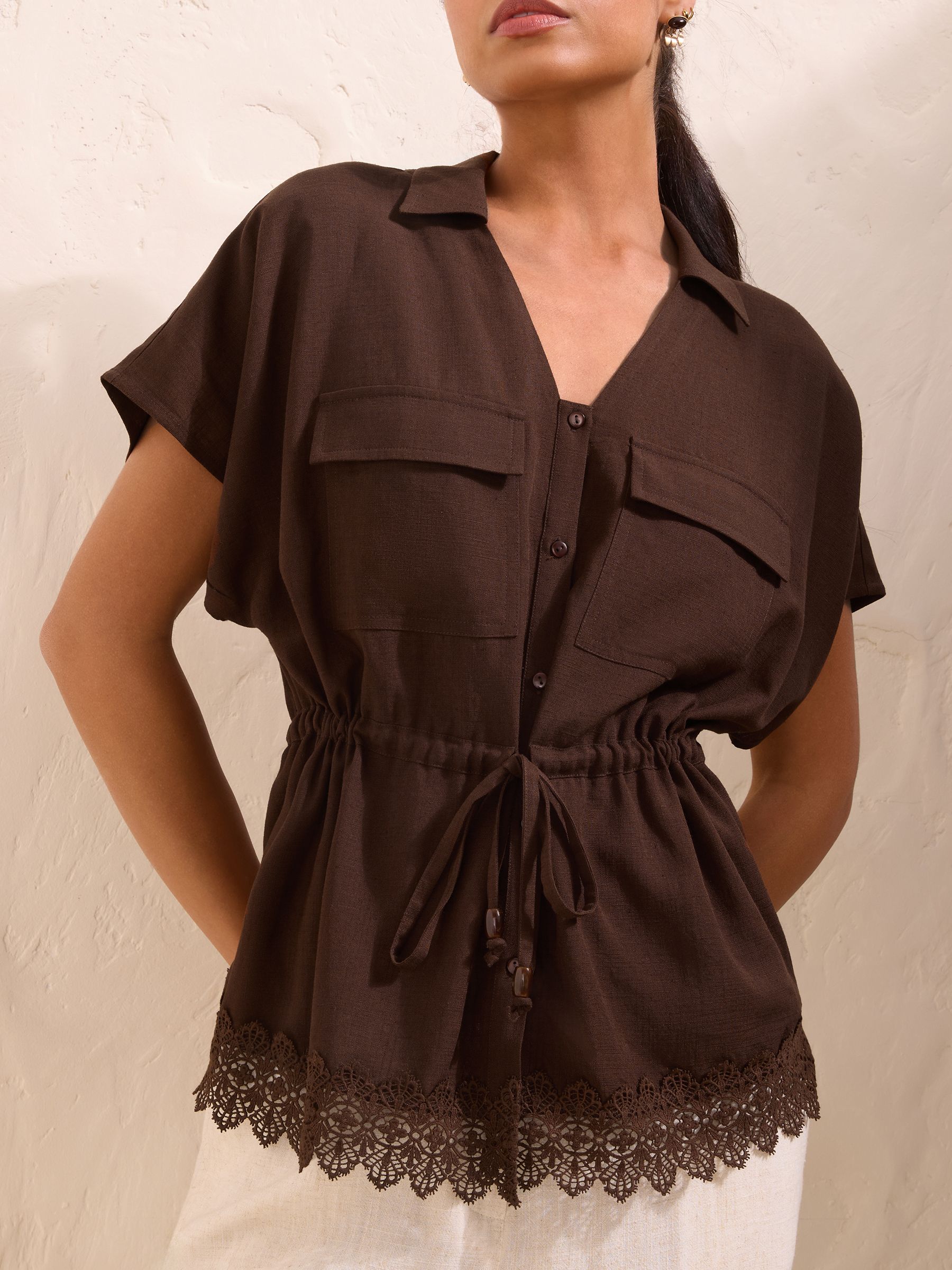 Buy Friends Like These Brown Lace Trim Linen Blend Shirt from Next USA