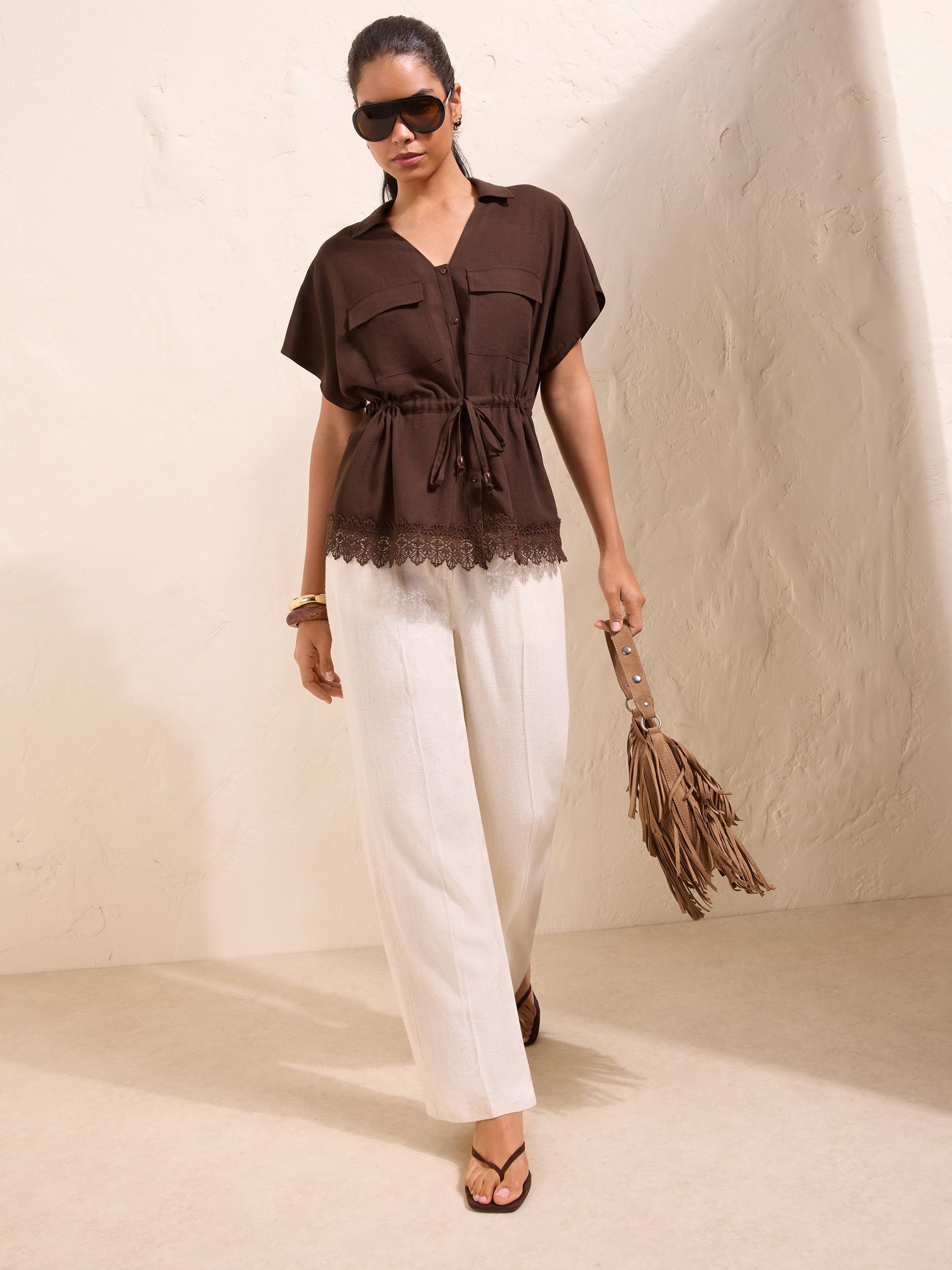 Buy Friends Like These Brown Lace Trim Linen Blend Shirt from Next USA