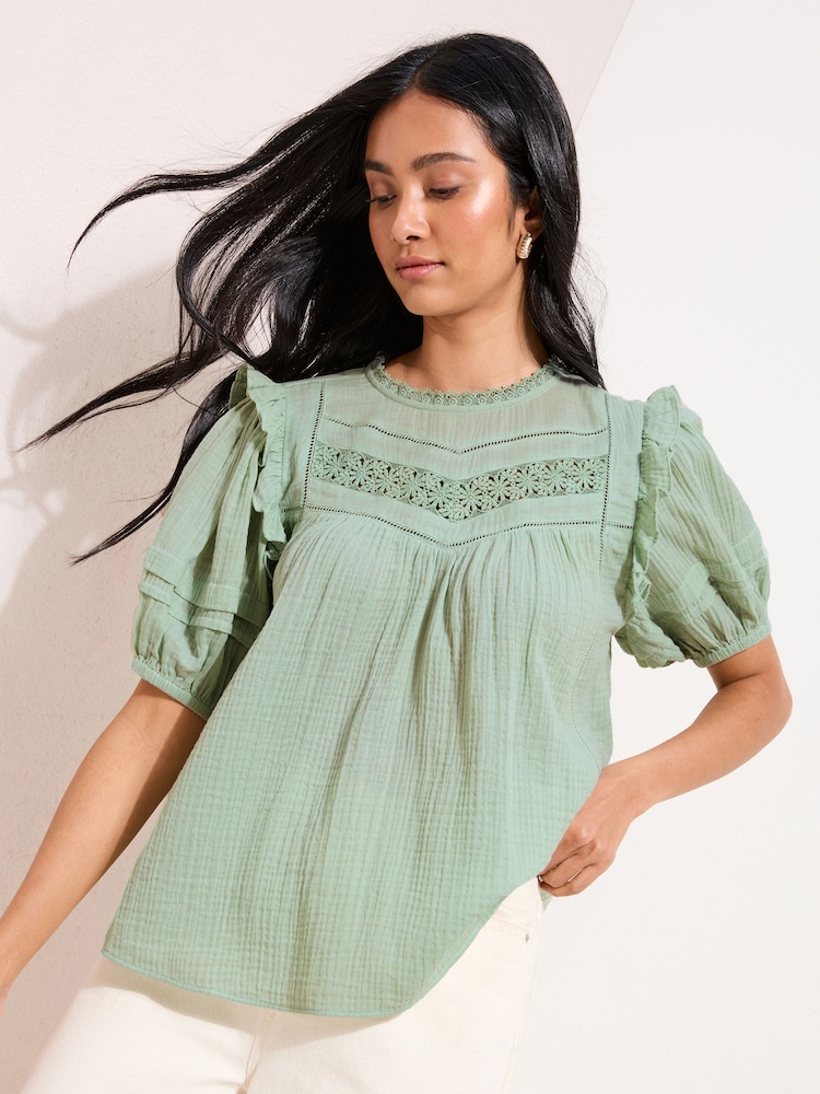 Friends Like These Green Short Sleeve Textured Top With Crochet Detail Blouses - Image 1 of 4