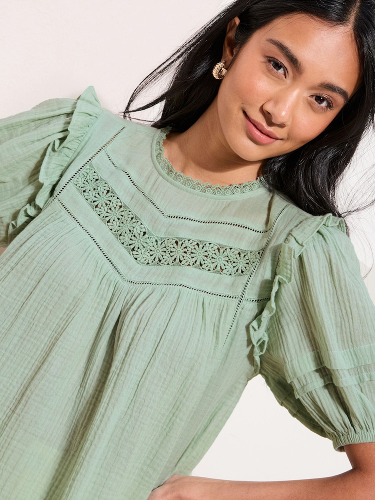 Friends Like These Green Short Sleeve Textured Top With Crochet Detail Blouses - Image 2 of 4