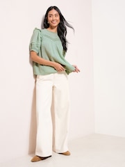 Friends Like These Green Short Sleeve Textured Top With Crochet Detail Blouses - Image 3 of 4