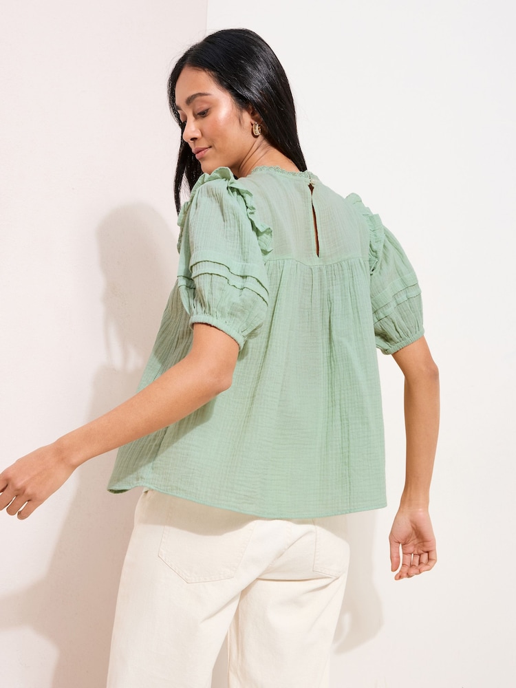 Friends Like These Green Short Sleeve Textured Top With Crochet Detail Blouses - Image 4 of 4