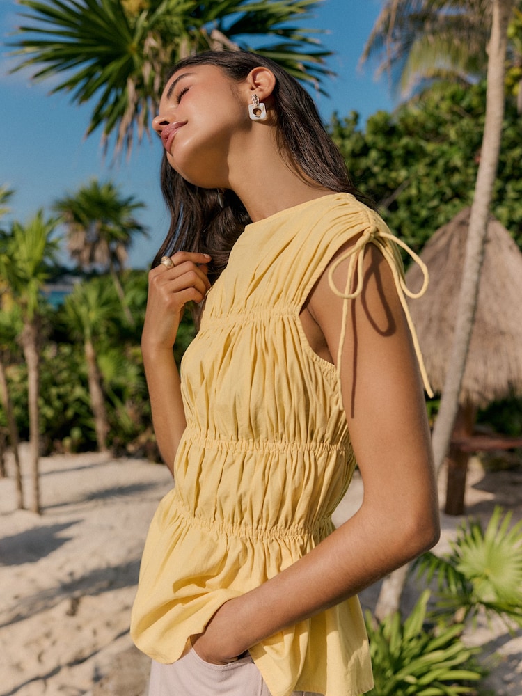 Friends Like These Yellow Sleeveless Shirred Blouse With Waist Ties - Image 4 of 4