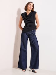 Friends Like These Black Sleeveless Assymetric Blouse With Subtle Shoulder Pads - Image 4 of 6