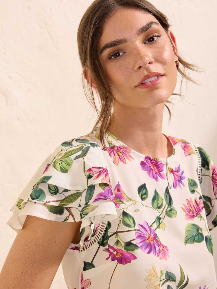 Friends Like These Ivory Floral Print Petite Angel Sleeve Ruffle Blouse - Image 2 of 4 Friends Like These Ivory Floral Print Petite Angel Sleeve Ruffle Blouse - Image 2 of 4