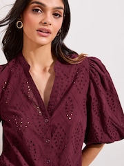 Friends Like These Burgundy Red Petite Broderie Short Puff Sleeve Blouse - Image 1 of 4