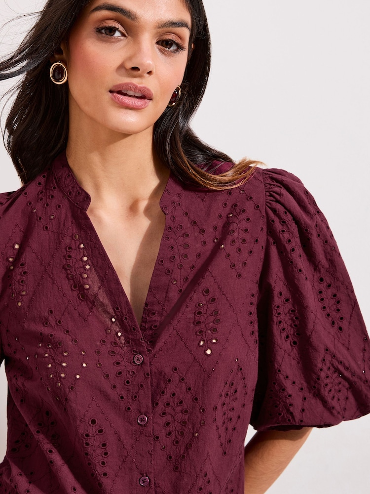 Friends Like These Burgundy Red Petite Broderie Short Puff Sleeve Blouse - Image 1 of 4