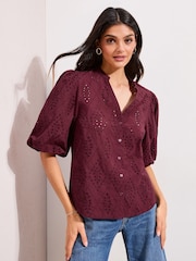 Friends Like These Burgundy Red Petite Broderie Short Puff Sleeve Blouse - Image 3 of 4