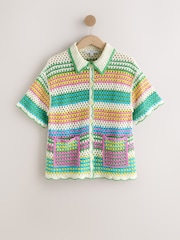 Multi Bright Stripe Crochet Co-Ord Knitted Short Sleeve Shirt - Image 1 of 3