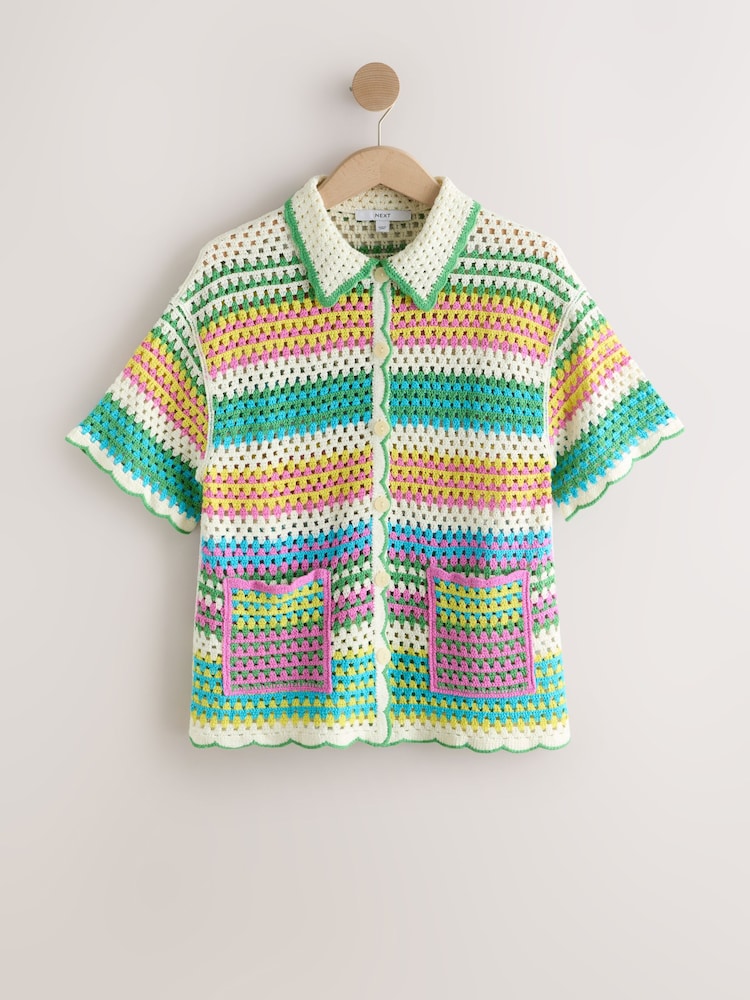 Multi Bright Stripe Crochet Co-Ord Knitted Short Sleeve Shirt - Image 1 of 3