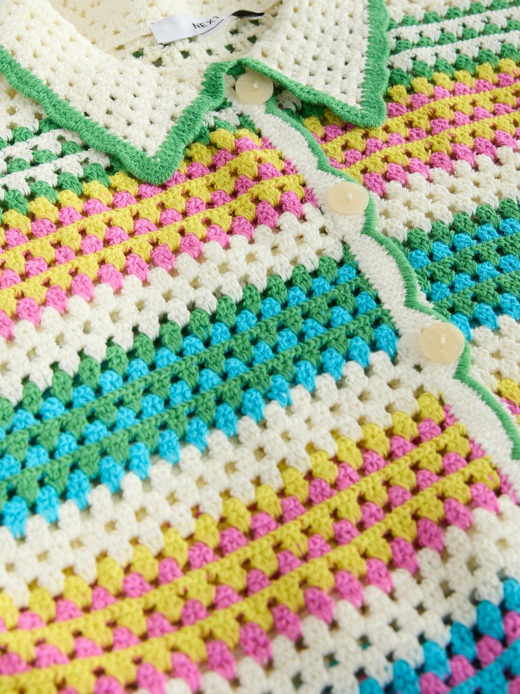 Multi Bright Stripe Crochet Co-Ord Knitted Short Sleeve Shirt - Image 2 of 3