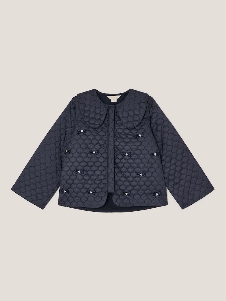 Monsoon Blue Bow Quilted Collar Jacket - Image 2 of 4 Monsoon Blue Bow Quilted Collar Jacket - Image 2 of 4