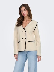 JDY Cream Contrast Trim Asymmetric Knitted Blazer - Image 1 of 6