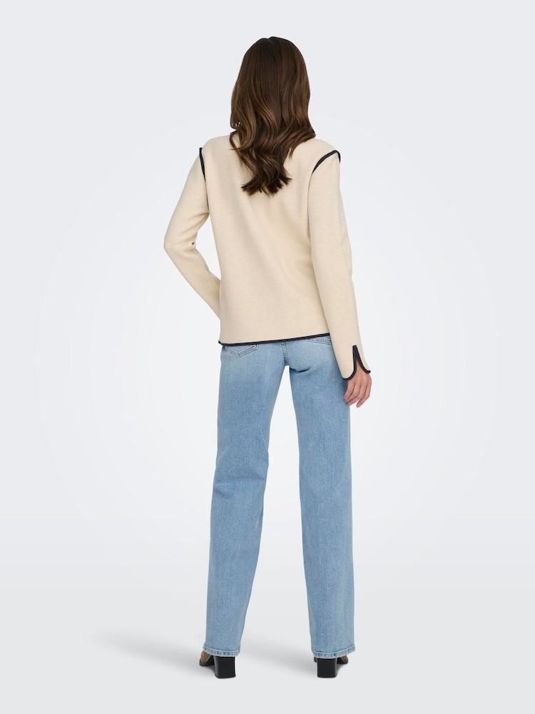 JDY Cream Contrast Trim Asymmetric Knitted Blazer - Image 2 of 6