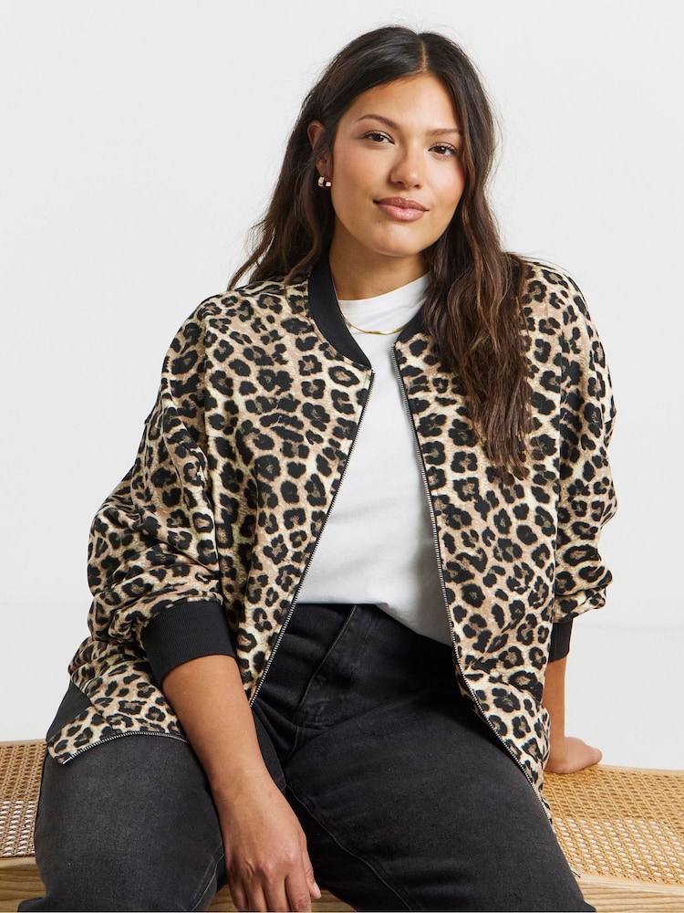 Simply Be Animal Print Zip Through Bomber Jacket - Image 1 of 5 Simply Be Animal Print Zip Through Bomber Jacket - Image 1 of 5