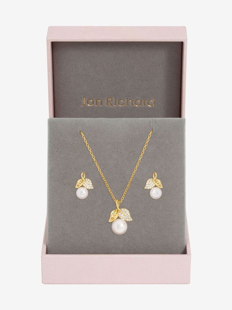 Jon Richard Metallic Rhodium Plated and Cubic Zirconia Pearl and Leaf Set - Gift Box - Image 1 of 2 Jon Richard Metallic Rhodium Plated and Cubic Zirconia Pearl and Leaf Set - Gift Box - Image 1 of 2