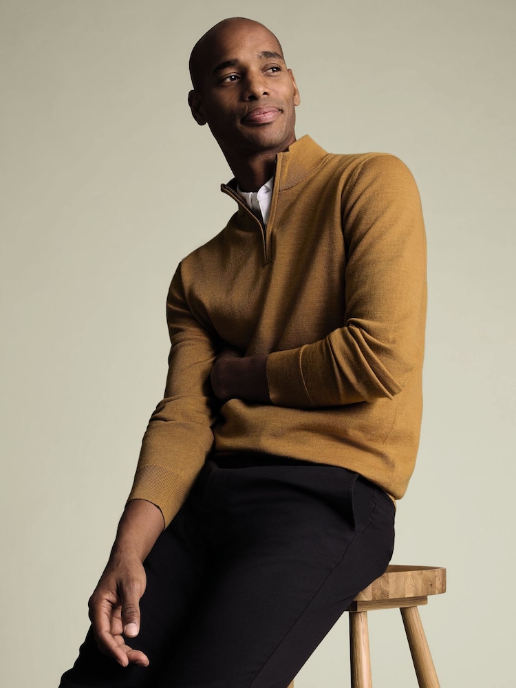 Charles Tyrwhitt Yellow Merino Zip Neck Jumper - Image 1 of 5 Charles Tyrwhitt Yellow Merino Zip Neck Jumper - Image 1 of 5