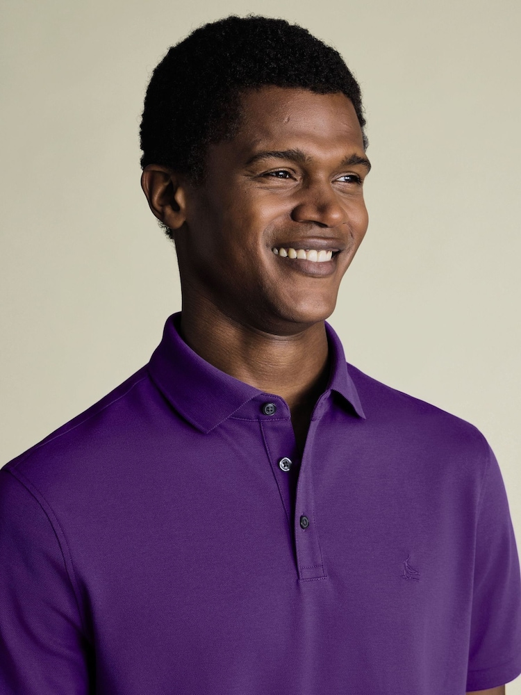 Charles Tyrwhitt Purple Solid Short Sleeve Cotton Stretch Pique Polo Shirt - Image 2 of 5 Charles Tyrwhitt Purple Solid Short Sleeve Cotton Stretch Pique Polo Shirt - Image 2 of 5