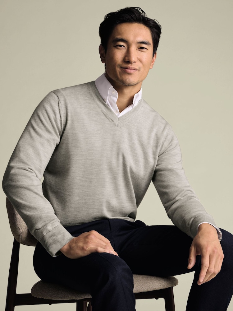 Charles Tyrwhitt Grey Pure Merino V-Neck Jumper - Image 1 of 5