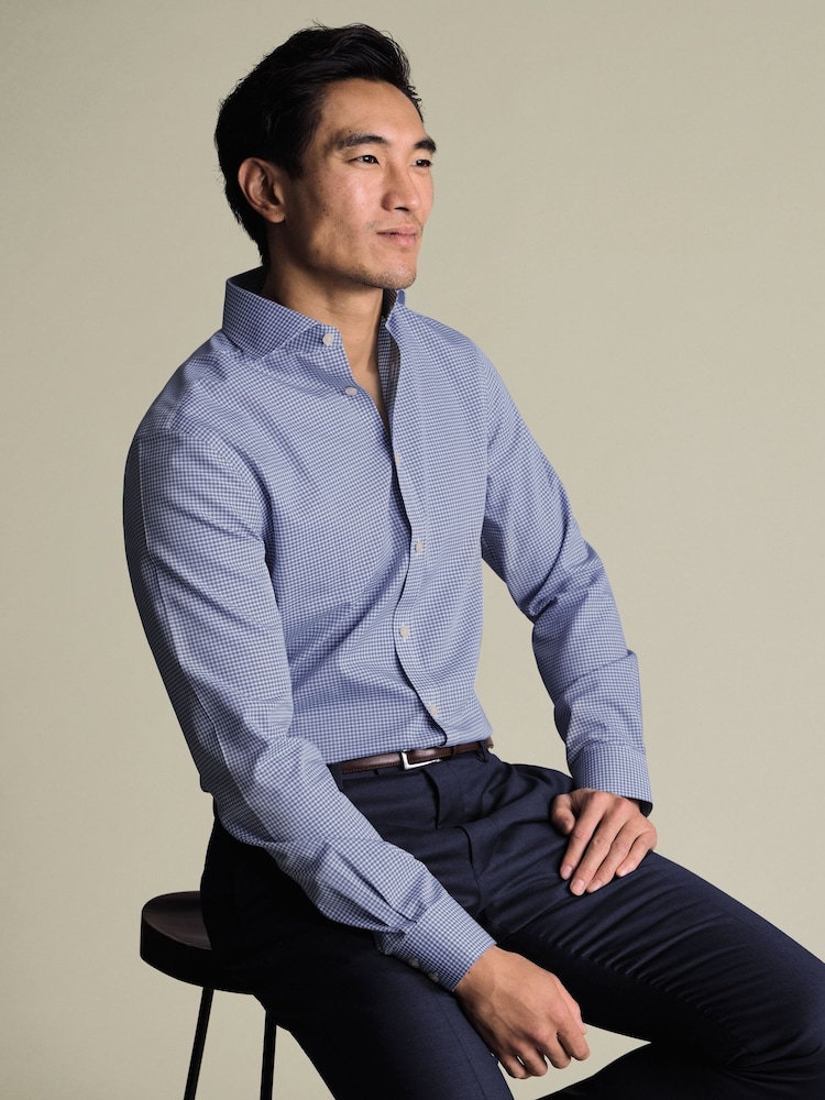 Charles Tyrwhitt Blue Royal Gingham Non-Iron Poplin Cutaway Slim Fit Shirt - Image 1 of 6