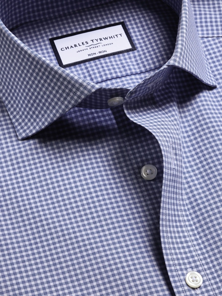 Charles Tyrwhitt Blue Royal Gingham Non-Iron Poplin Cutaway Slim Fit Shirt - Image 6 of 6
