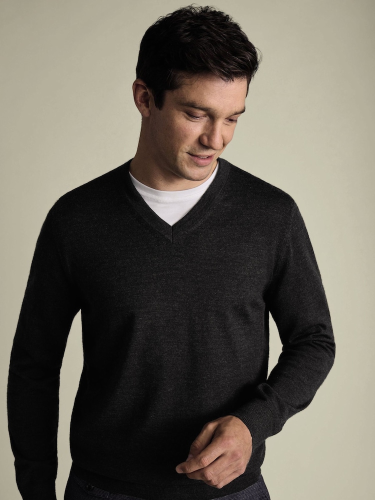 Charles Tyrwhitt Black Pure Merino V-Neck Jumper - Image 2 of 5