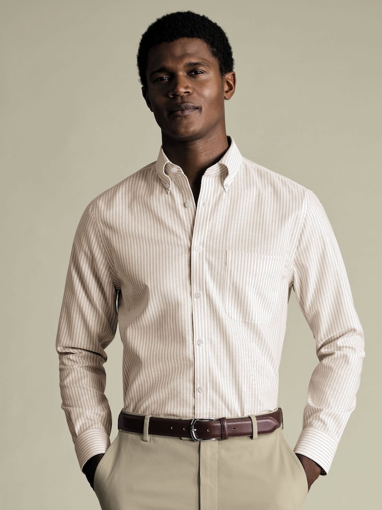 Charles Tyrwhitt Natural Stripe Non-Iron Stretch Oxford Button-Down Sf Shirt - Image 1 of 7