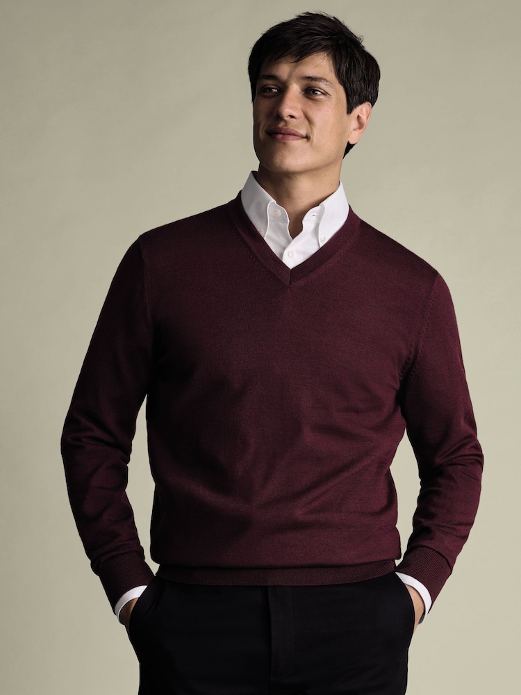 Charles Tyrwhitt Red Pure Merino V-Neck Jumper - Image 1 of 5