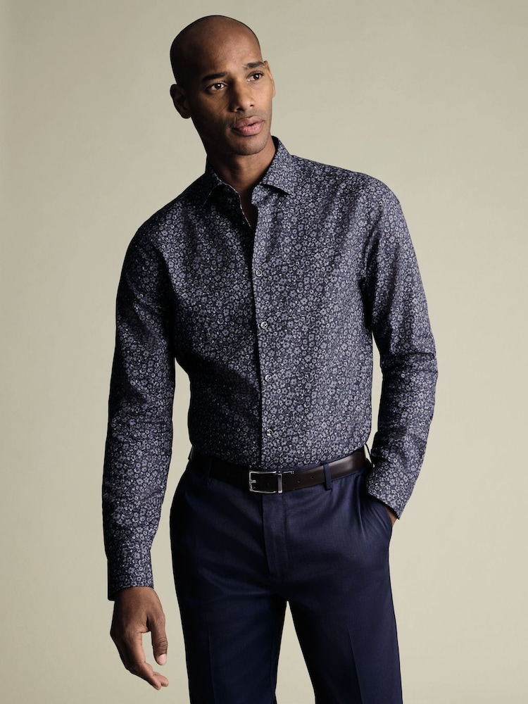 Charles Tyrwhitt Blue Non-Iron Stretch Floral Print Slim Fit Shirt - Image 1 of 7 Charles Tyrwhitt Blue Non-Iron Stretch Floral Print Slim Fit Shirt - Image 1 of 7