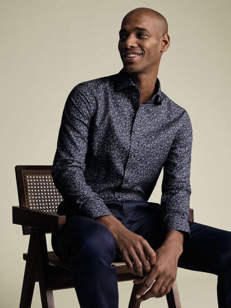 Charles Tyrwhitt Blue Non-Iron Stretch Floral Print Slim Fit Shirt - Image 2 of 7