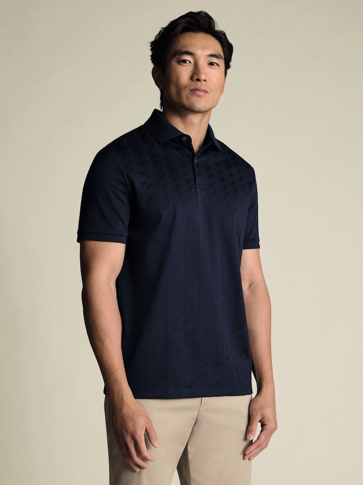 Charles Tyrwhitt Blue Navy Short Sleeve Large Textured Jacquard Polo Shirt - Image 1 of 7