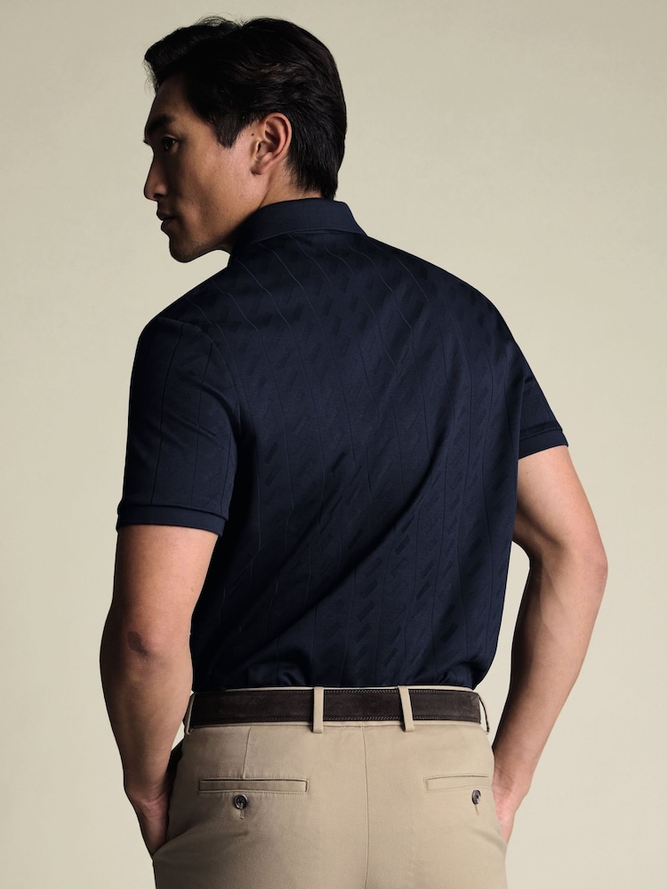 Charles Tyrwhitt Blue Navy Short Sleeve Large Textured Jacquard Polo Shirt - Image 2 of 7