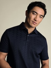 Charles Tyrwhitt Blue Navy Short Sleeve Large Textured Jacquard Polo Shirt - Image 4 of 7