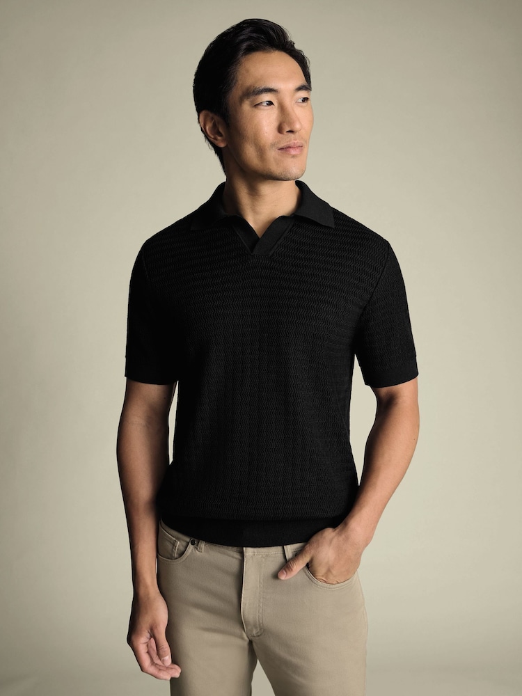 Charles Tyrwhitt Black Zig Zag Short Sleeve Knitted Cotton Trophy Neck Polo Shirt - Image 1 of 6
