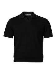 Charles Tyrwhitt Black Zig Zag Short Sleeve Knitted Cotton Trophy Neck Polo Shirt - Image 4 of 6