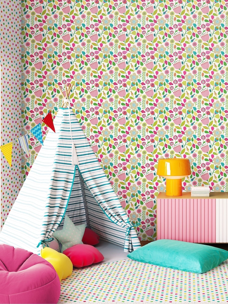 Hoopla Walls Pink Folk Floral Print 10m Wallpaper - Image 1 of 2