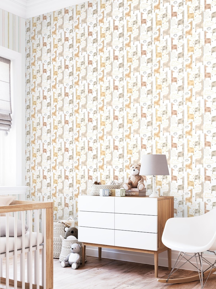 Hoopla Walls Natural Giraffe Friends 10m Wallpaper - Image 1 of 2