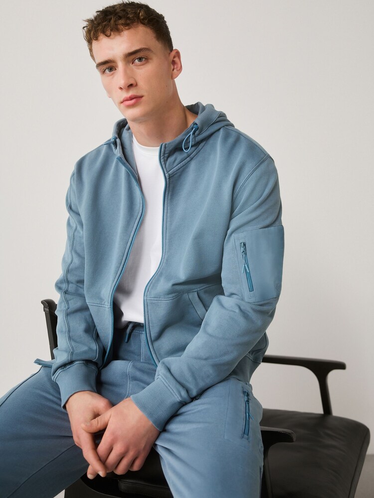 Blue Garment Washed Utility Full Zip Hoodie - Image 1 of 8