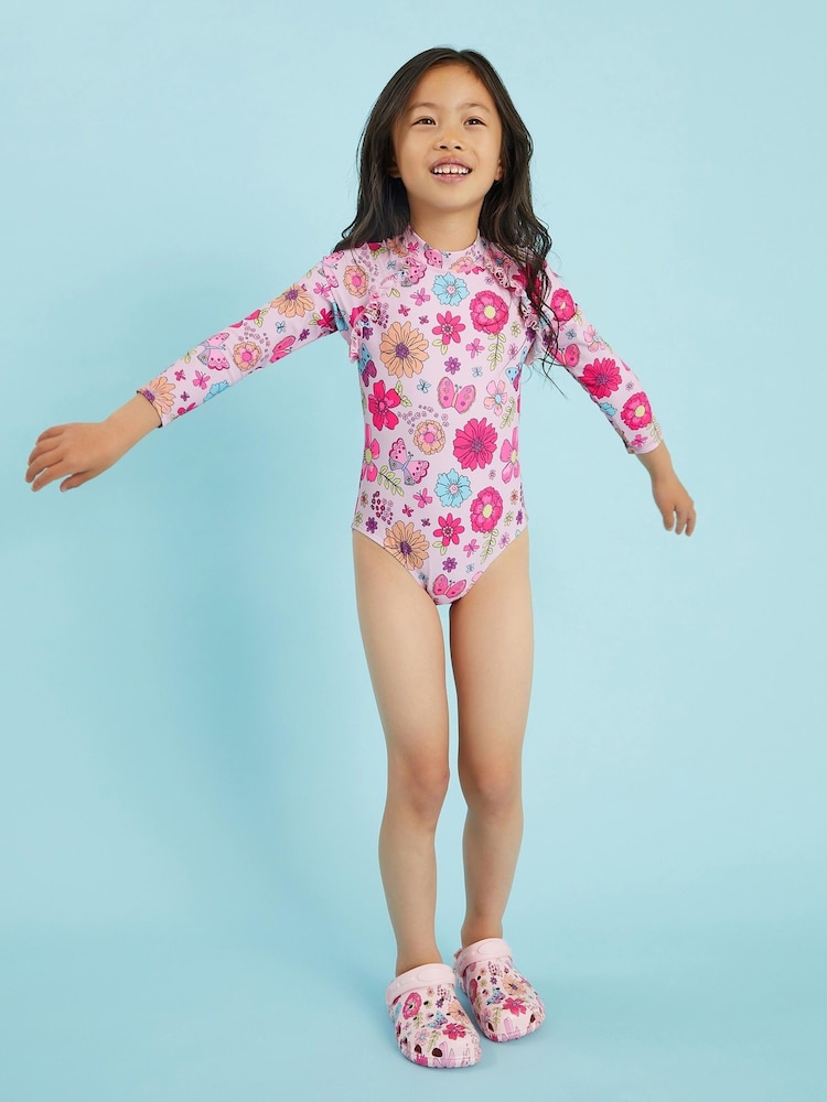 Angels By Accessorize Pink Girl Retro Bloom Long Sleeve Swimsuit - Image 1 of 3 Angels By Accessorize Pink Girl Retro Bloom Long Sleeve Swimsuit - Image 1 of 3