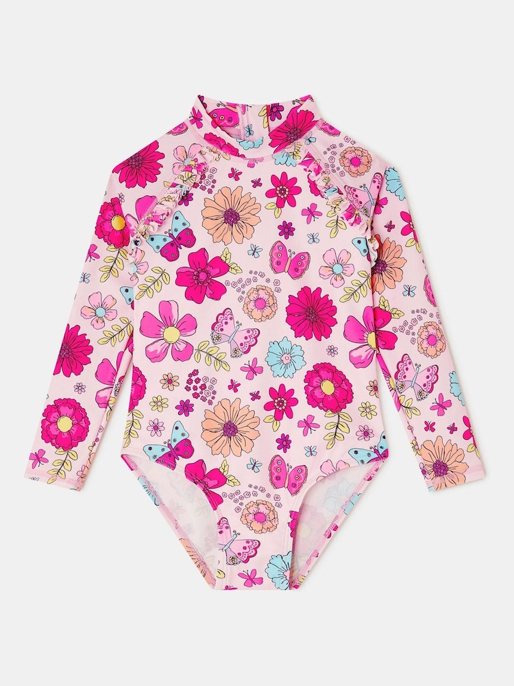 Angels By Accessorize Pink Girl Retro Bloom Long Sleeve Swimsuit - Image 2 of 3 Angels By Accessorize Pink Girl Retro Bloom Long Sleeve Swimsuit - Image 2 of 3