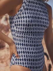 Tamnoplava geometrijska - Kupaći kostim s visokim ovratnikom i kontrolom Swimsuit - Slika 5 od 10