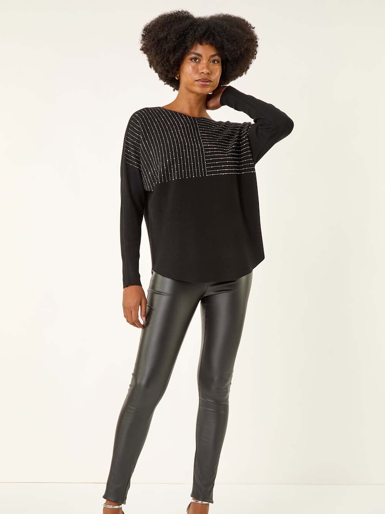 Roman Black Embellished Stripe Knit Jumper - Image 1 of 5 Roman Black Embellished Stripe Knit Jumper - Image 1 of 5