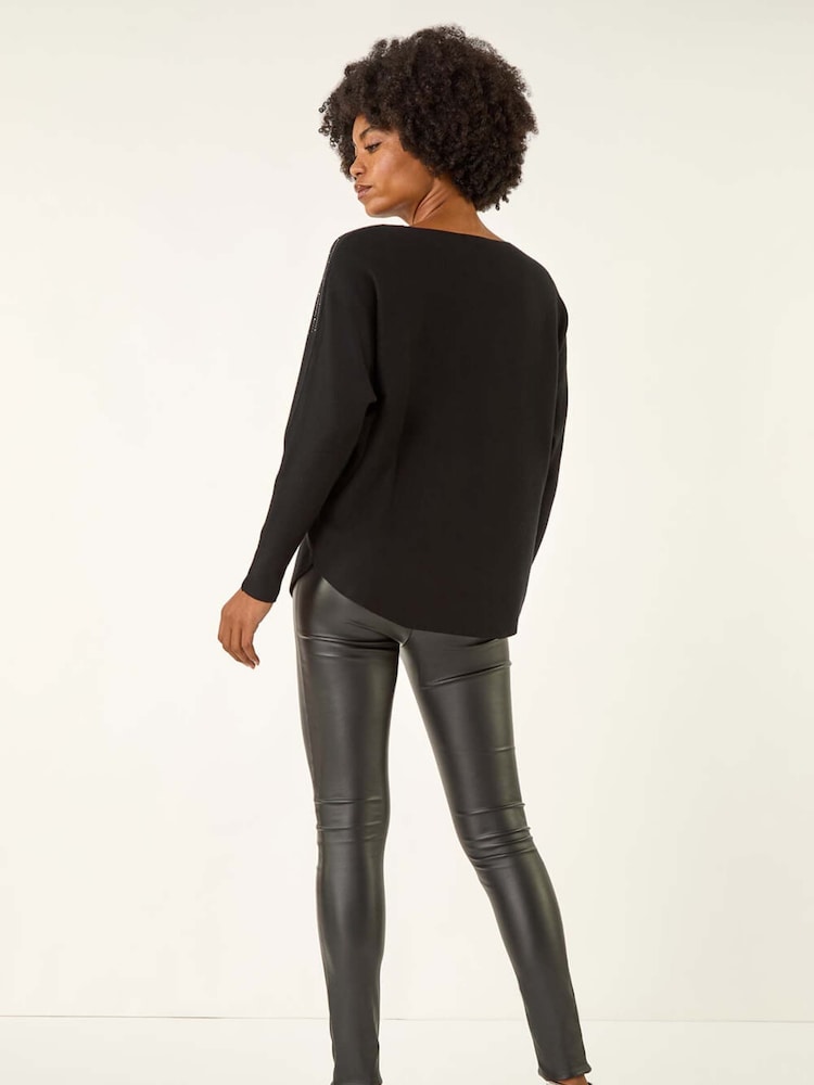 Roman Black Embellished Stripe Knit Jumper - Image 2 of 5 Roman Black Embellished Stripe Knit Jumper - Image 2 of 5