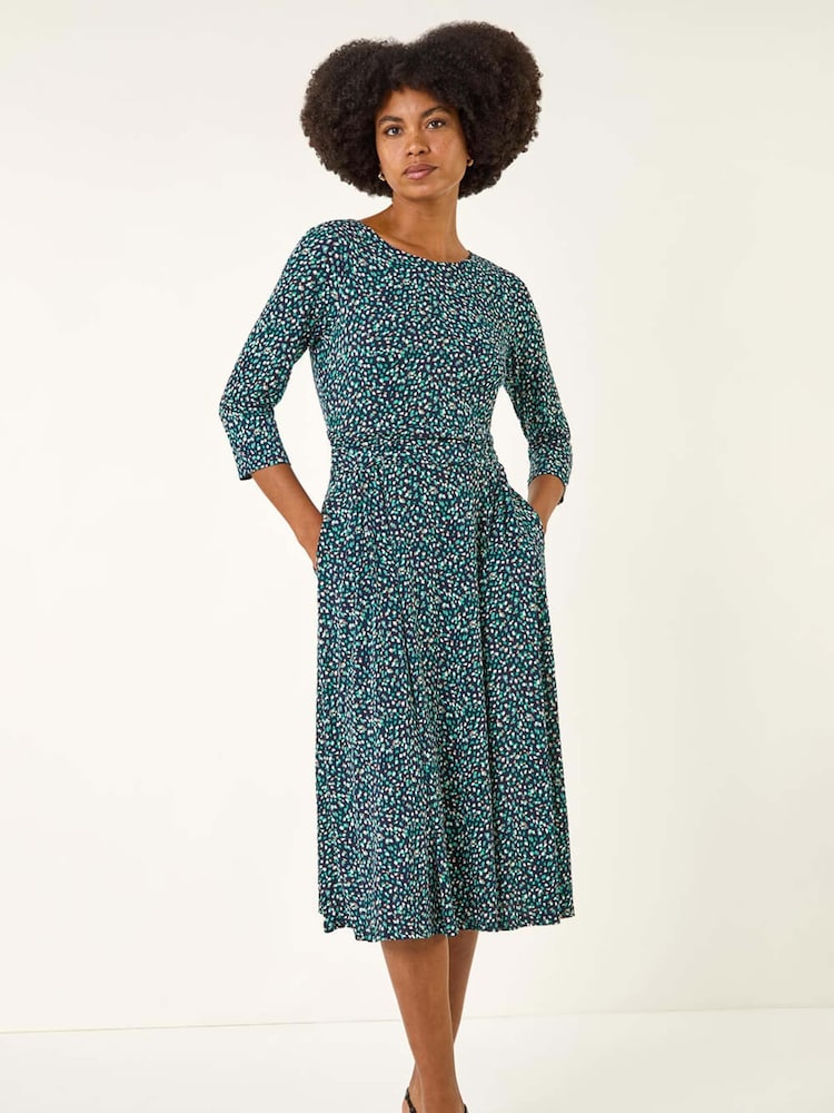 Roman Green Abstract Print Gathered Stretch Midi Dress - Image 1 of 5 Roman Green Abstract Print Gathered Stretch Midi Dress - Image 1 of 5