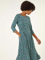 Roman Green Abstract Print Gathered Stretch Midi Dress - Image 2 of 5
