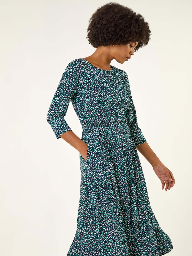 Roman Green Abstract Print Gathered Stretch Midi Dress - Image 2 of 5 Roman Green Abstract Print Gathered Stretch Midi Dress - Image 2 of 5