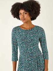 Roman Green Abstract Print Gathered Stretch Midi Dress - Image 4 of 5